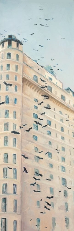 Picture of BIRDS FLYING IN FRONT OF A BUILDING