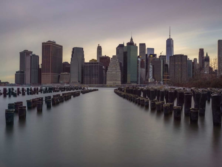 Picture of MANHATTAN SKYLINE WITH ROWS OF GROYNES IN EAST RIVER, NEW YORK