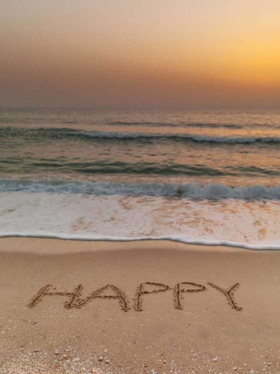 Picture of SAND WRITING - WORD HAPPY WRITTEN ON BEACH