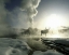 Picture of WY, YELLOWSTONE, CASTLE GEYSER SILHOUETTE OF ELK