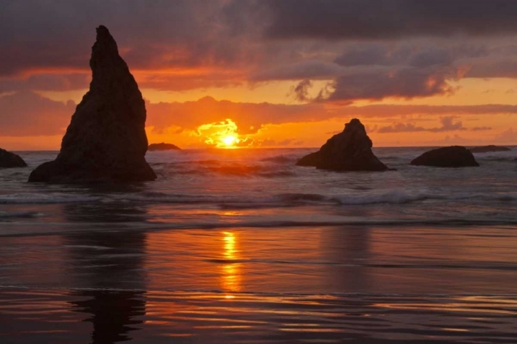 Picture of USA, OREGON, BANDON BEACH SUNSET AND SEA STACKS