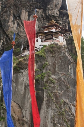 Picture of BHUTAN PRAYER FLAGS HANG NEAR TAKTSHANG