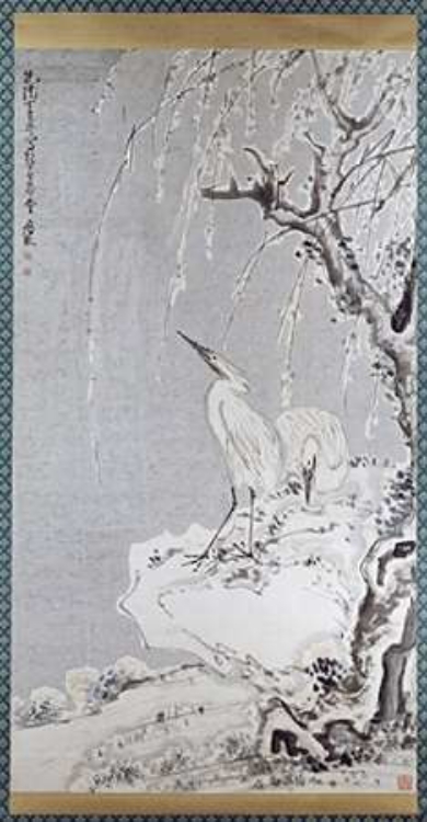 Picture of WHITE EGRETS ON A BANK OF SNOW COVERED WILLOWS