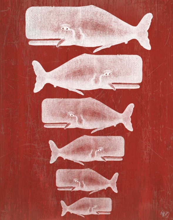 Picture of WHALE FAMILY WHITE ON RED