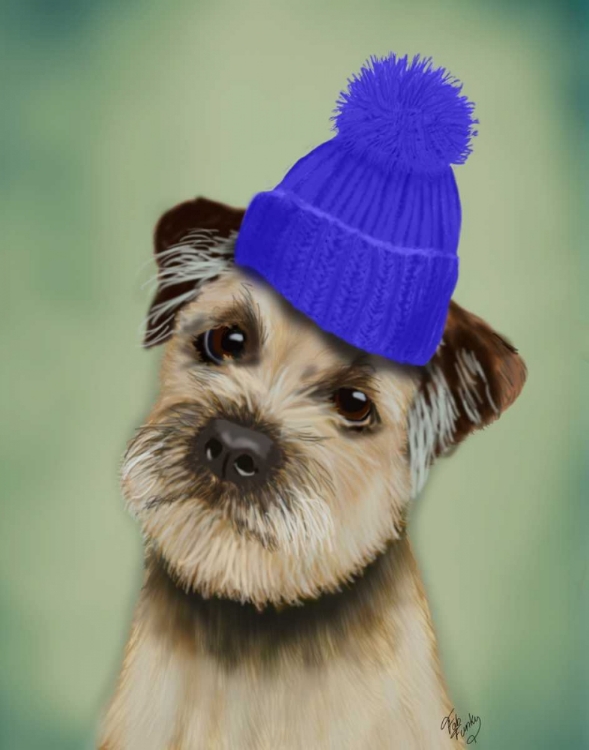 Picture of BORDER TERRIER WITH BLUE BOBBLE HAT