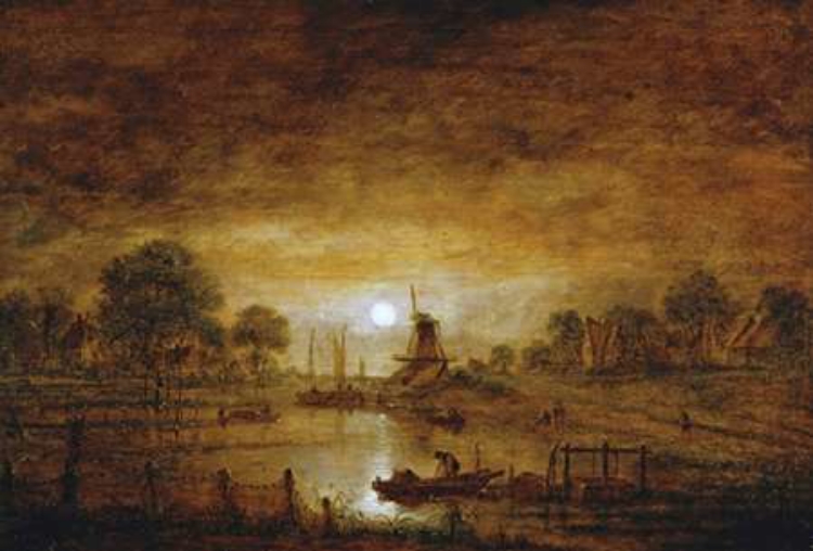 Picture of TITLE UNKNOWN (BOATS AT SUNSET WITH WINDMILL)