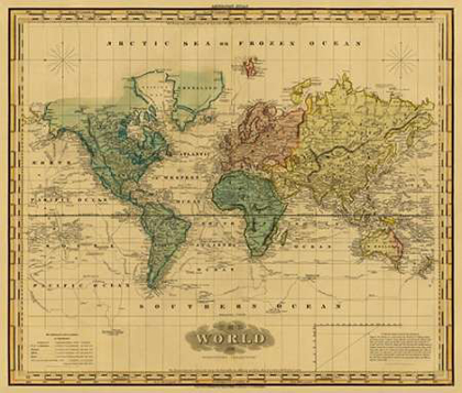 Picture of WORLD ON MERCATORS PROJECTION, 1823 - TEA STAINED