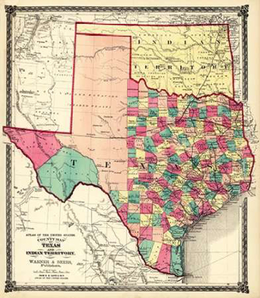Picture of COUNTY MAP OF TEXAS, AND INDIAN TERRITORY, 1874