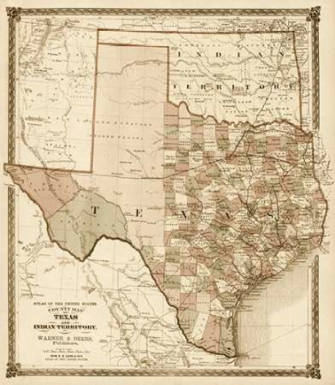 Picture of COUNTY MAP OF TEXAS, AND INDIAN TERRITORY, 1874 - DECORATIVE SEPIA