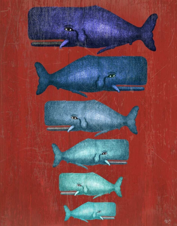 Picture of WHALE FAMILY BLUE ON RED