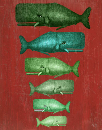 Picture of WHALE FAMILY GREEN ON RED