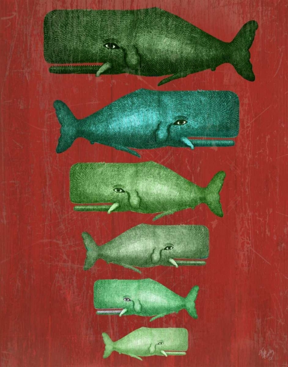 Picture of WHALE FAMILY GREEN ON RED