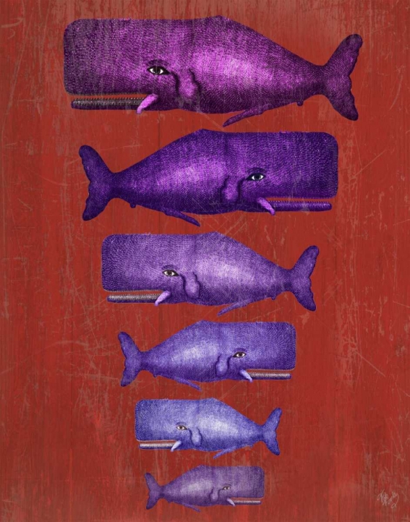 Picture of WHALE FAMILY PURPLE ON RED