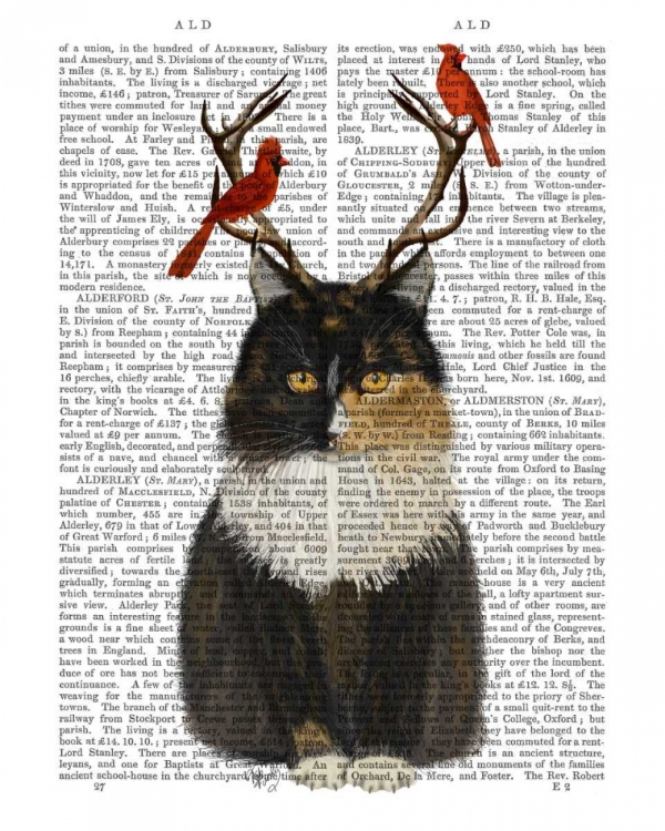 Picture of TORTOISESHELL CAT, ANTLERS AND RED BIRDS