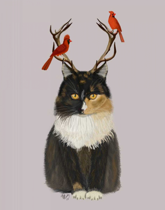 Picture of TORTOISESHELL CAT, ANTLERS AND RED BIRDS