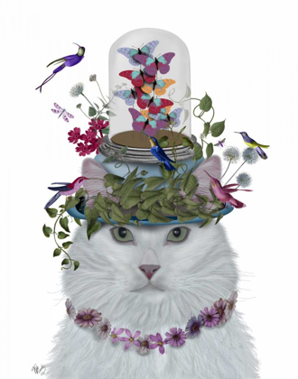 Picture of CAT, WHITE WITH BUTTERFLY BELL JAR