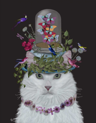 Picture of CAT, WHITE WITH BUTTERFLY BELL JAR, ON BLACK