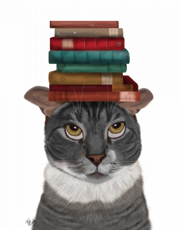 Picture of GREY CAT WITH BOOKS ON HEAD