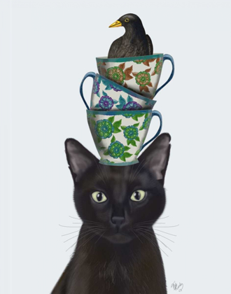 Picture of BLACK CAT WITH TEACUPS AND BLACKBIRD