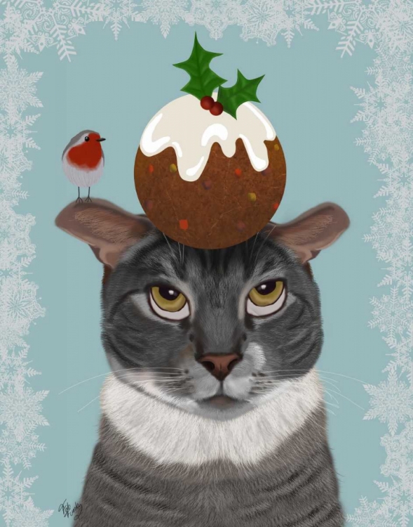 Picture of GREY CAT AND CHRISTMAS PUDDING