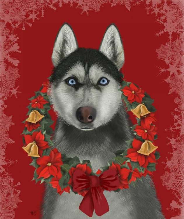 Picture of HUSKY AND POINSETTIA WREATH