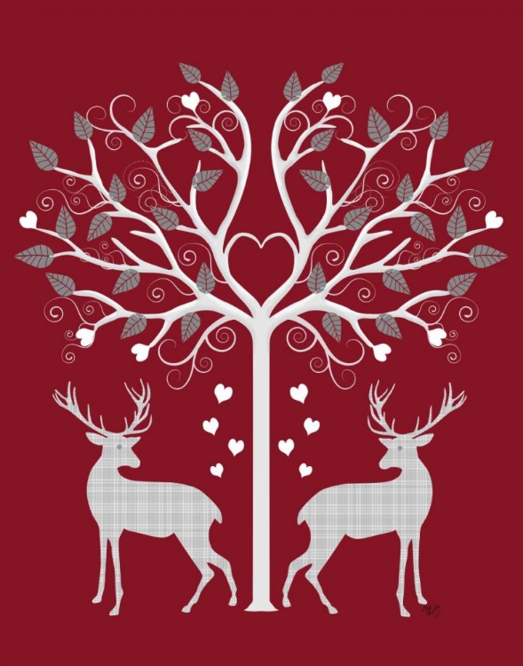 Picture of CHRISTMAS DES - DEER AND HEART TREE, GREY ON RED