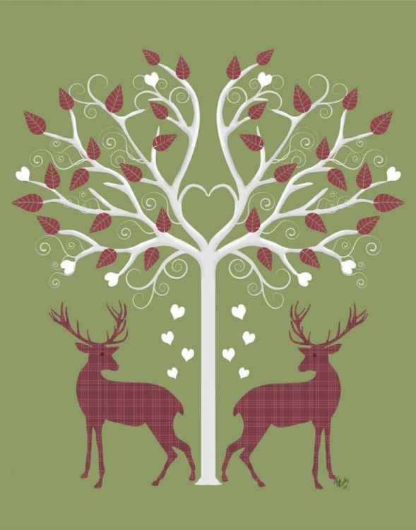 Picture of CHRISTMAS DES - DEER AND HEART TREE, PINK ON GREEN