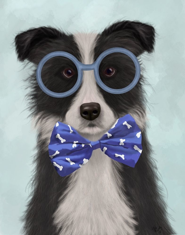 Picture of BORDER COLLIE, BLACK AND WHITE, WITH GLASSES AND BOW TIE