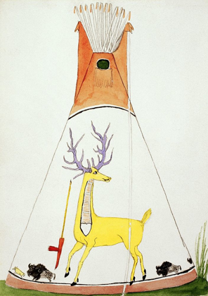 Picture of TEEPEE WITH LARGE YELLOW DEER AND SMALL BUFFALO