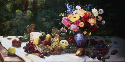 Picture of VASE OF FLOWERS AND FRUIT ON A DRAPED TABLE