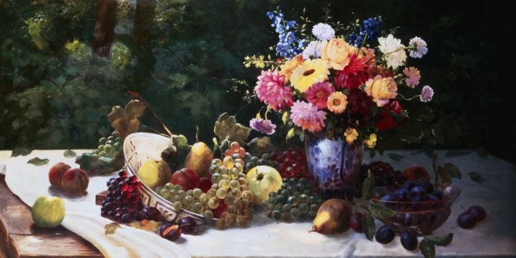 Picture of VASE OF FLOWERS AND FRUIT ON A DRAPED TABLE