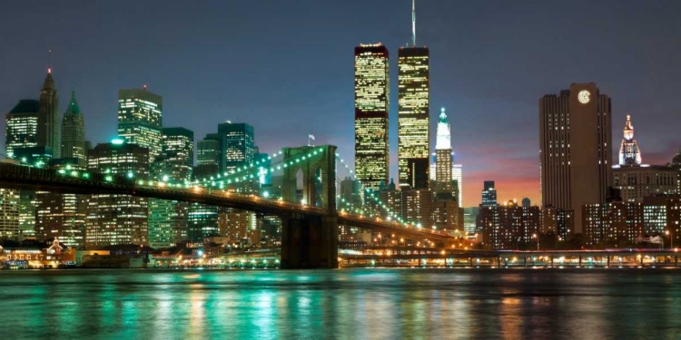 Picture of THE BROOKLYN BRIDGE AND TWIN TOWERS AT NIGHT