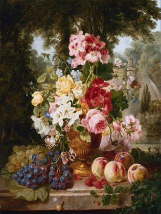 Picture of A VASE OF SUMMER FLOWERS AND FRUIT