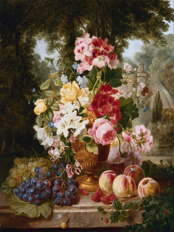 Picture of A VASE OF SUMMER FLOWERS AND FRUIT