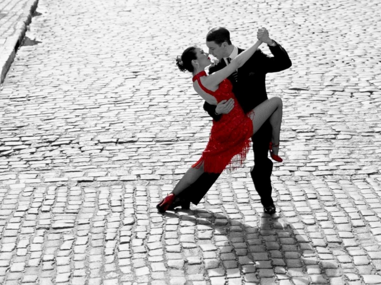 Picture of COUPLE DANCING TANGO ON COBBLESTONE ROAD