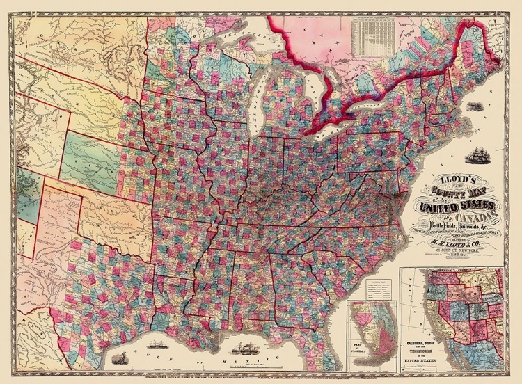 Picture of US CANADA SHOWING BATTLEFIELDS RAILROADS