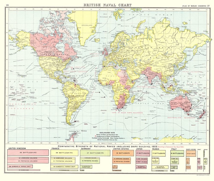 Picture of BRITISH NAVAL CHART GLOBAL - NEWNES 1907