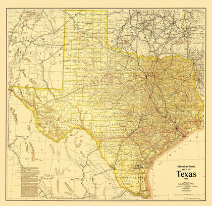 Picture of RAILROAD AND COUNTY MAP OF TEXAS - 1908