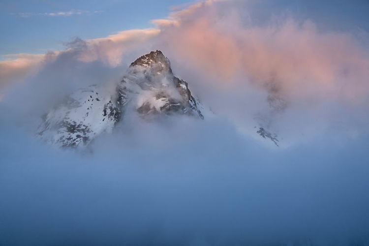 Picture of ANTARCTICA-SOUTH GEORGIA ISLAND-STROMNESS BAY CLOUD-COVERED MOUNTAIN AT SUNSET 