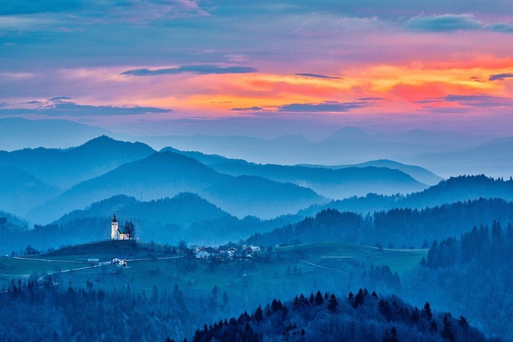 Picture of SLOVENIA-POLJANE SORA VALLEY-HILLSIDE CHURCH NEAR GORENJA VAS IN EARLY MORNING LIGHT