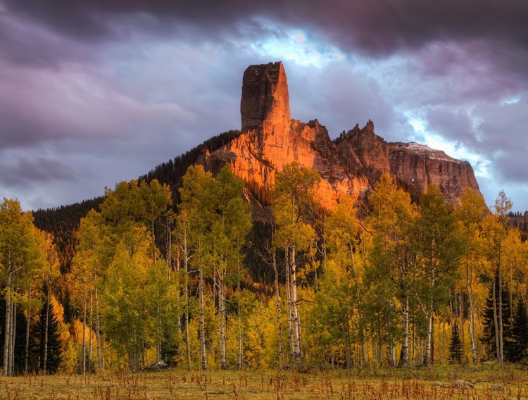 Picture of COLORADO-SAN JUAN MOUNTAINS CHIMNEY ROCK FORMATION AND ASPENS AT SUNSET 