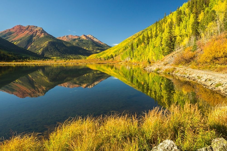 Picture of COLORADO-SAN JUAN MOUNTAINS CRYSTAL LAKE REFLECTION IN AUTUMN 