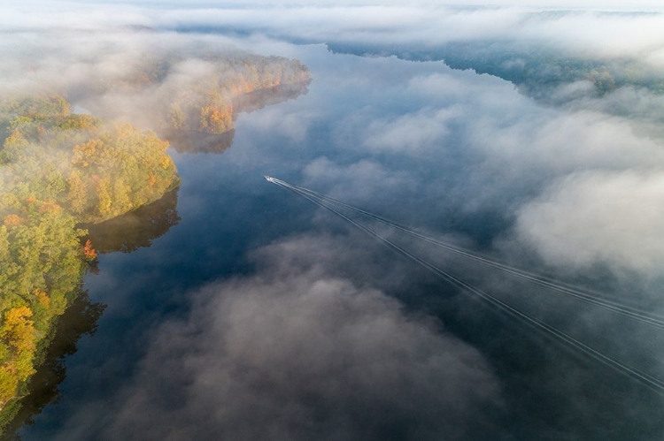 Picture of BOAT ON LAKE IN FOG IN FALL AT STEPHEN A FORBES STATE PARK-MARION COUNTY-ILLINOIS