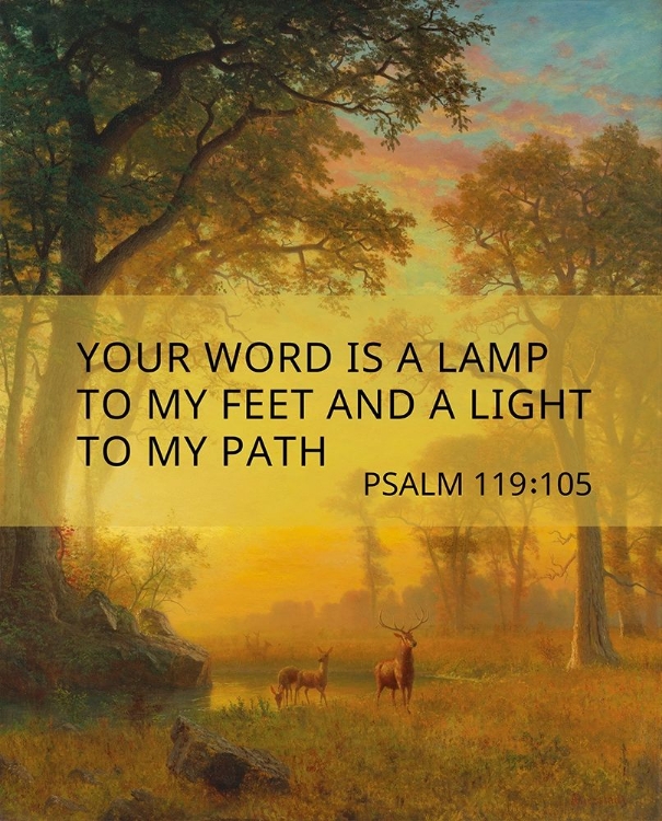 Picture of BIBLE VERSE QUOTE PSALM 119:105, ALBERT BIERSTADT, LIGHT IN THE FOREST