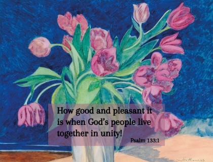 Picture of BIBLE VERSE QUOTE PSALM 133:1, LEON SPILLIAERT - PINK TULIPS IN A VASE