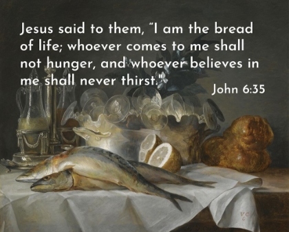 Picture of BIBLE VERSE QUOTE JOHN 6:35, ANNA VALLAYER COSTER - A STILL LIFE OF MACKEREL GLASSWARE