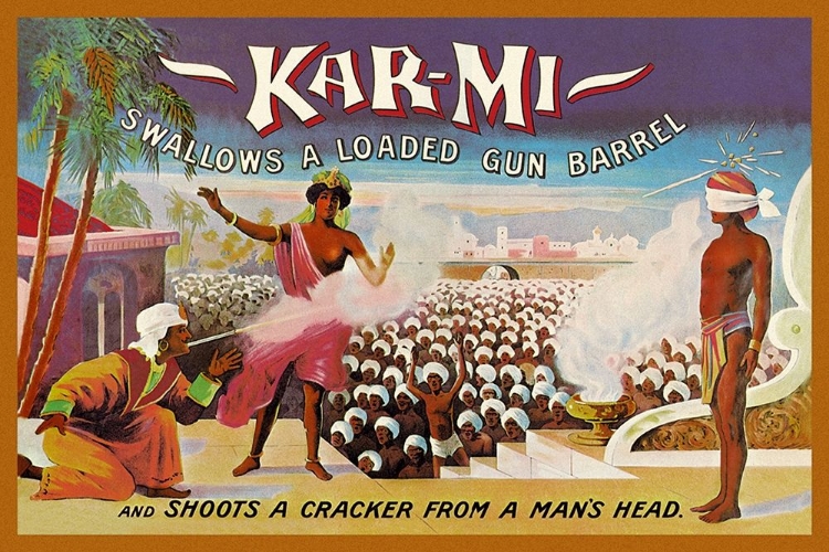 Picture of MAGICIANS: KAR-MI SWALLOWS A LOADED GUN BARREL AND SHOOTS A CRACKER FROM A MANS HEAD