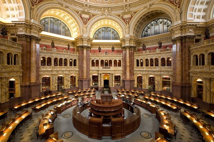 Picture of MAIN READING ROOM. VIEW FROM ABOVE SHOWING RESEARCHER DESKS. LIBRARY OF CONGRESS THOMAS JEFFERSON BU