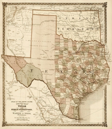 Picture of COUNTY MAP OF TEXAS, AND INDIAN TERRITORY, 1874 - DECORATIVE SEPIA