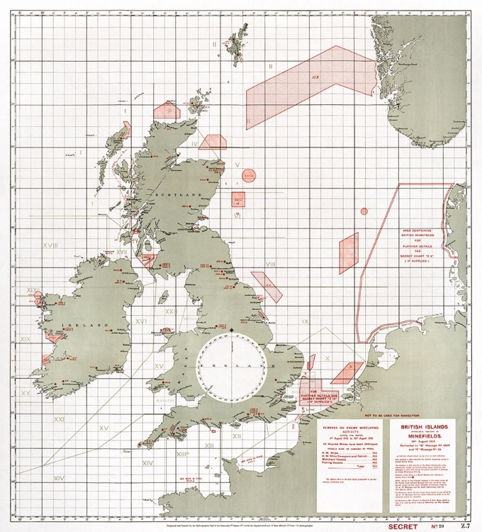 Picture of BRITISH ISLANDS APPROXIMATE POSITIONS OF MINEFIELDS 1918